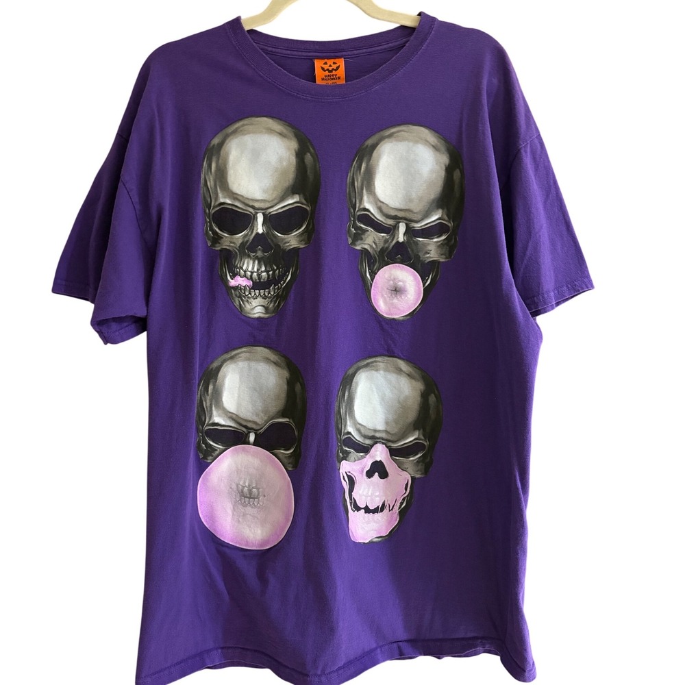 Unique Adult Unisex Happy Halloween Graphic T-Shirt Skull Bubble Gum Purple XL